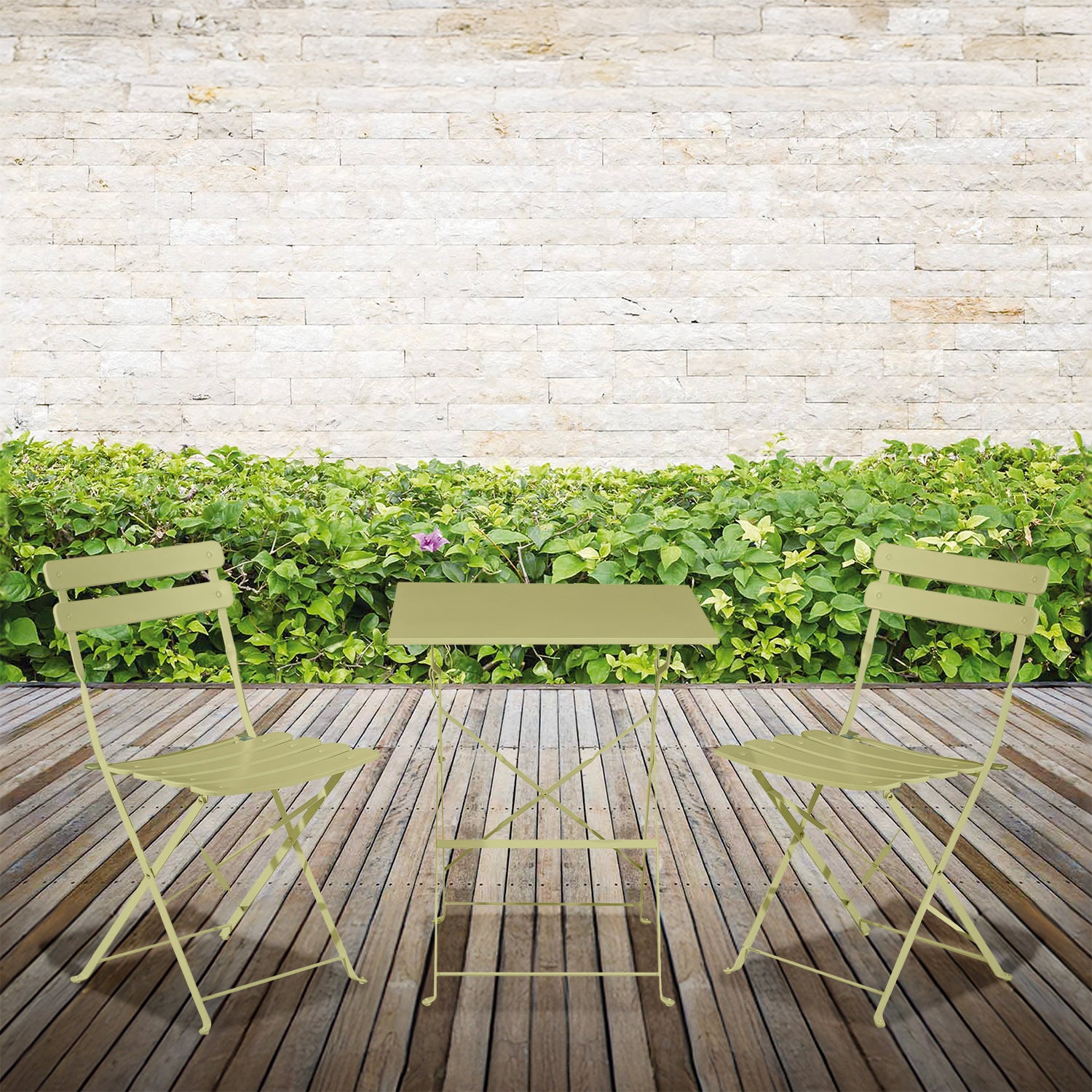 VESTIAMO CASA GIARDINO - Set giardino Bistrot tavolo 60x60 cm e 2 sedie pieghevoli in acciaio Verde